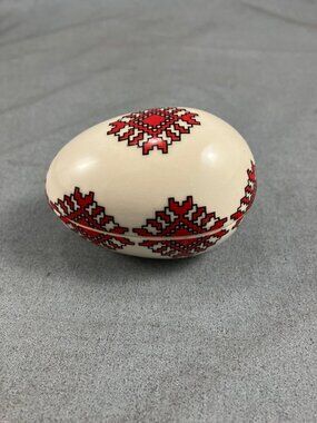 Vtg Ukrainian Egg Shaped Ceramic Trinket Box 2.5"